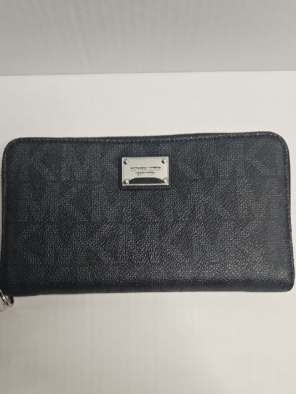 Michael Kors Black Pebbled Leather Zip-Around Wallet with Silver Plate